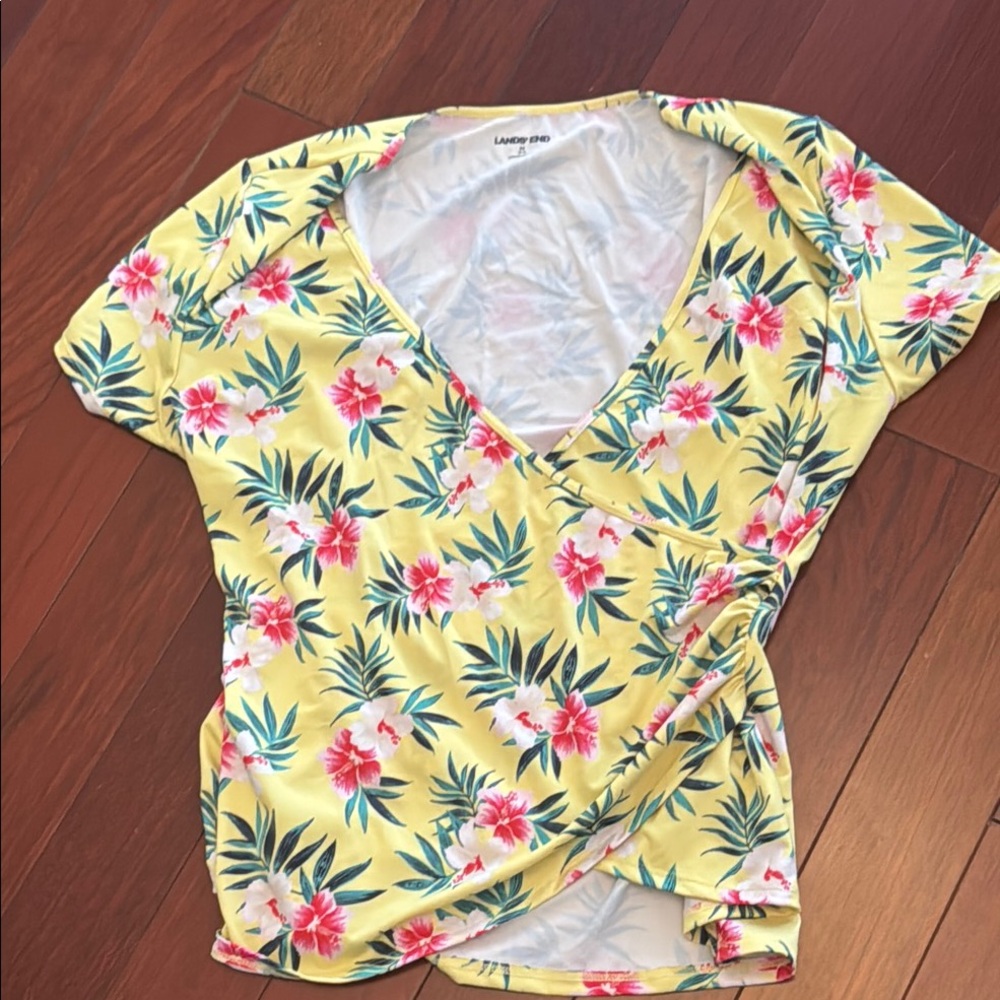 Lands' End Yellow Floral Short Sleeve  Swim Top